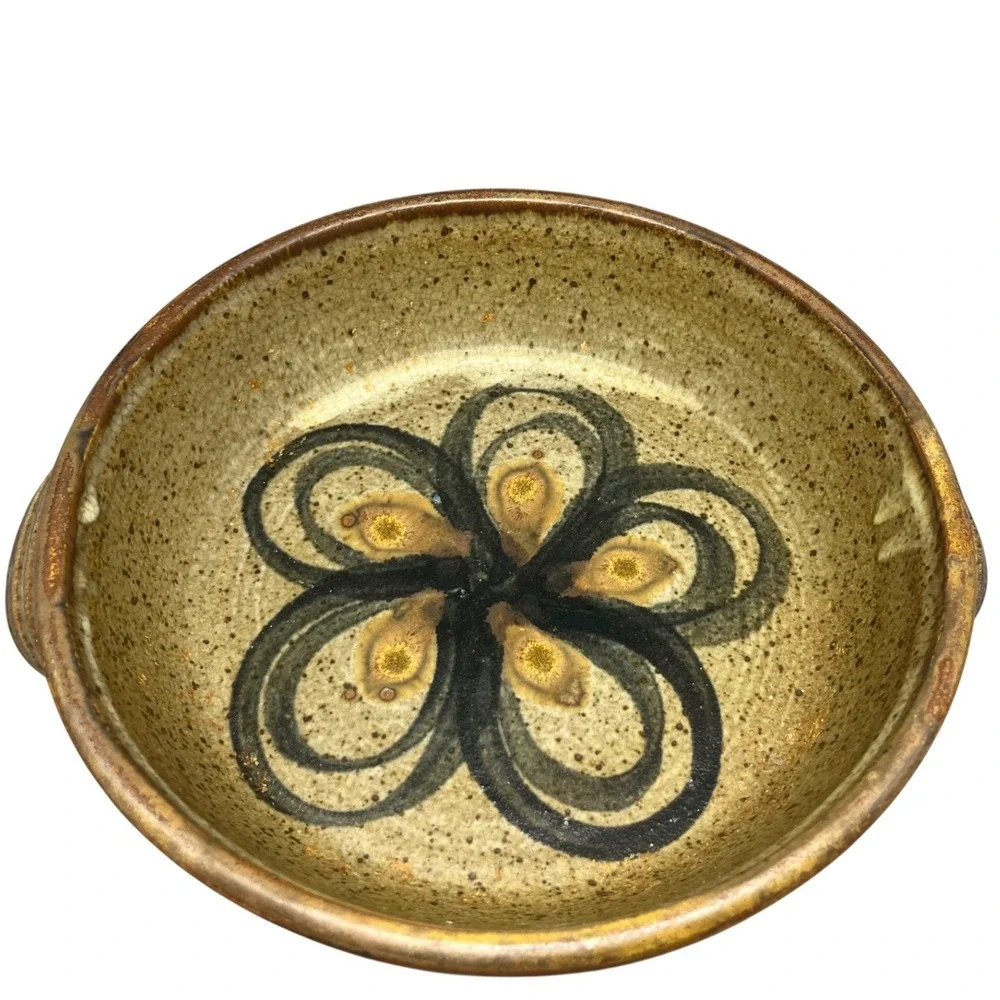 Rustic Stoneware Studio Signed Mid-Century‎ Scandinavian Earthy Low Bowl Handles